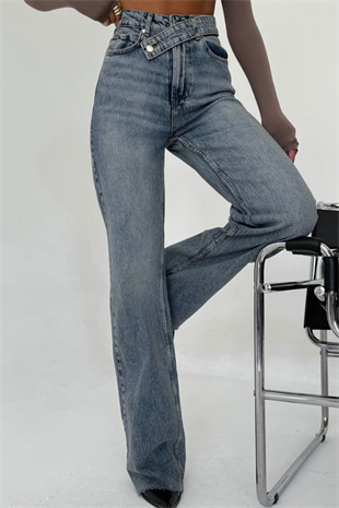 PREMİUM KEMER DETAYLI MİD BLUE WİDE LEG JEAN