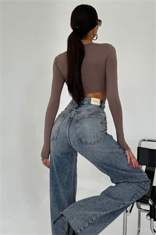 PREMİUM KEMER DETAYLI MİD BLUE WİDE LEG JEAN