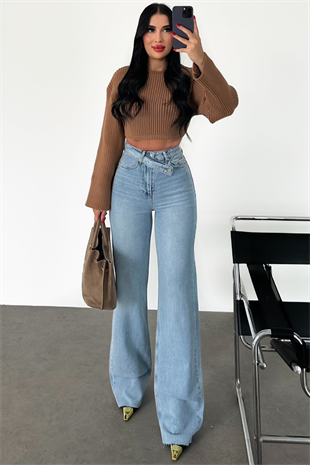 PREMİUM KEMERLİ İCE BLUE LAZER PAÇA WİDE LEG JEAN