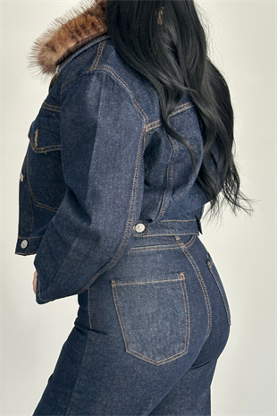 PREMİUM KOT CEKETLİ KÜRK DETAYLI PANTOLON TAKIM