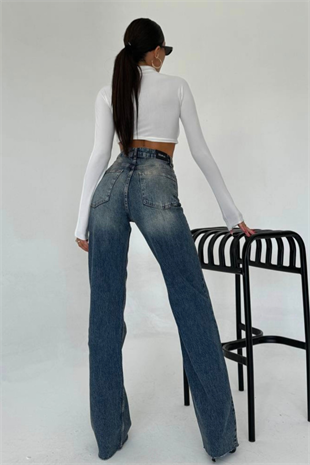 PREMİUM KOYU MAVİ RENK TİNTLİ KEMERLİ WİDE LEG JEAN