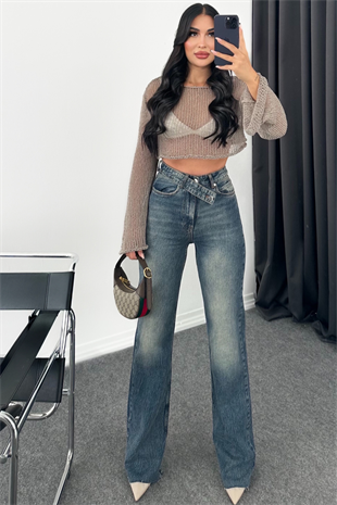 PREMİUM KOYU MAVİ RENK TİNTLİ KEMERLİ WİDE LEG JEAN