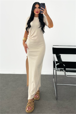 PREMİUM KREM YIRTMAÇLI ELBİSE