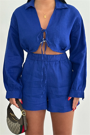 PREMİUM LACİVERT BAĞLAMALI ŞORT GÖMLEK TAKIM