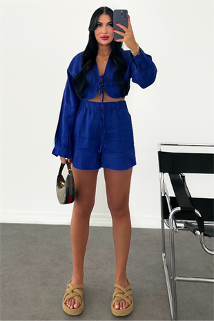 PREMİUM LACİVERT BAĞLAMALI ŞORT GÖMLEK TAKIM