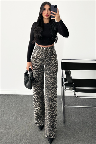 PREMİUM LEOPAR YÜKSEK BEL WİDE LEG JEAN