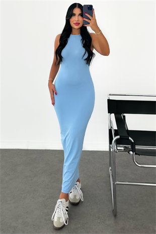 PREMİUM MAVİ RENK ASKILI ELBİSE