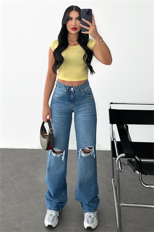 PREMİUM MİD BLUE DİZİ YIRTIK JEAN 