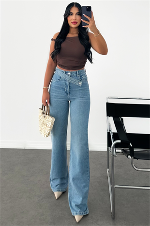 PREMİUM MİD BLUE KEMER DETAYLI WİDE LEG JESSY JEAN