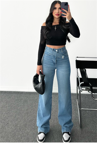 PREMİUM MİD BLUE KEMERLİ WİDE LEG HERRY JEAN