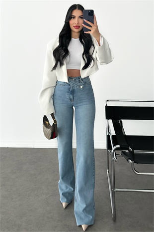 PREMİUM MİD BLUE KEMERLİ WİDE LEG JEAN OLİNA