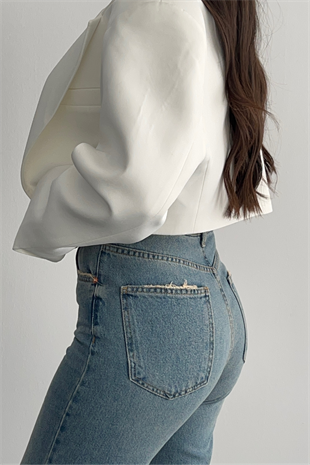 PREMİUM MİD BLUE KIRCIILI WİDE LEG JEAN