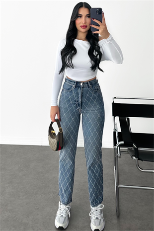 PREMİUM MİD BLUE TAŞLI JEAN