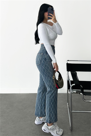 PREMİUM MİD BLUE TAŞLI JEAN