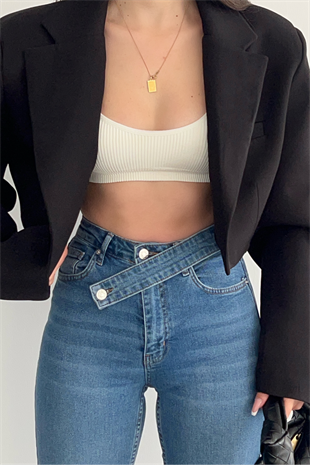 PREMİUM MİD BLUE YIRTMAÇLI KEMERLİ JEAN