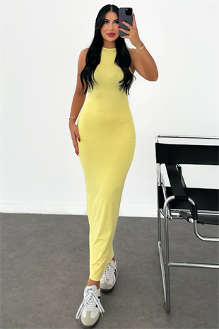 PREMİUM SARI RENK ASKILI ELBİSE