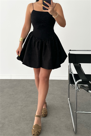 PREMİUM SİYAH ASKILI BALON ETEK ELBİSE