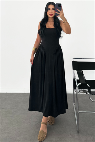 PREMİUM SİYAH BELDEN OTURMALI UZUN ELBİSE