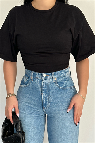 PREMİUM SİYAH KISA KOL YANDAN FERMUARLI BLUZ