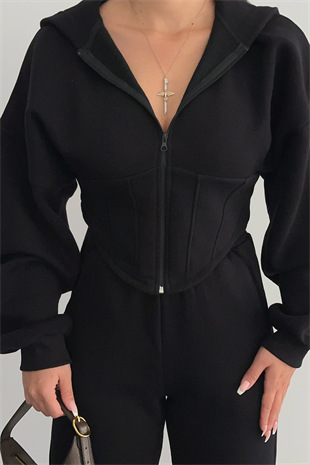 PREMİUM SİYAH KORSE DETAY ŞARDONLU EŞOFMAN TAKIMI