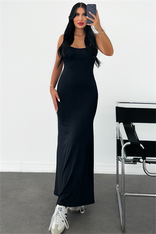 PREMİUM SİYAH UZUN İNCE ASKLI ELBİSE ESSİLA