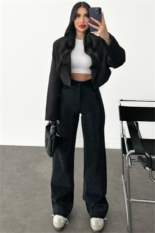 PREMİUM SİYAH WİDE LEG TAŞLI JEAN 