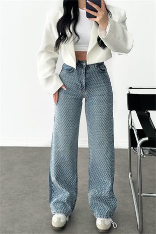PREMİUM WİDE LEG MID BLUE TAŞLI JEAN 