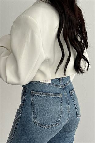 PREMİUM WİDE LEG MID BLUE TAŞLI JEAN 