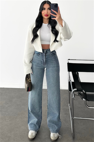 PREMİUM WİDE LEG MID BLUE TAŞLI JEAN 