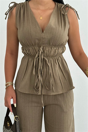 PREMİUM YEŞİL BAĞLAMALI KETEN TAKIM