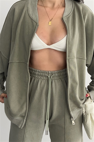 PREMİUM YEŞİL ESKİTME DETAYLI EŞOFMAN TAKIMI