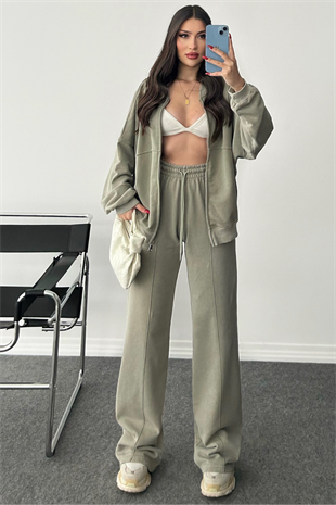 PREMİUM YEŞİL ESKİTME DETAYLI EŞOFMAN TAKIMI