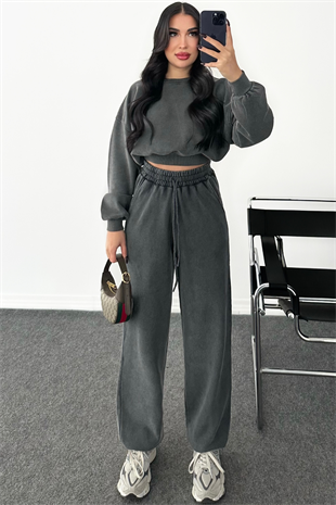 PREMİUM  YIKAMALI ANTRASİT JENİA EŞOFMAN  TAKIMI