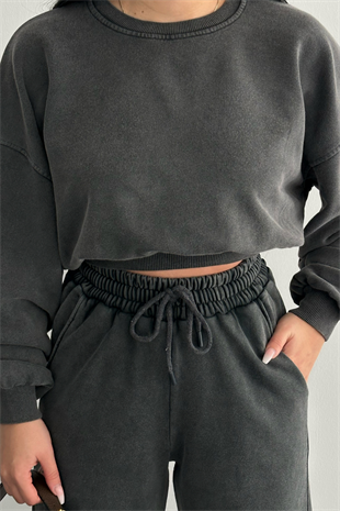 PREMİUM  YIKAMALI ANTRASİT JENİA EŞOFMAN  TAKIMI