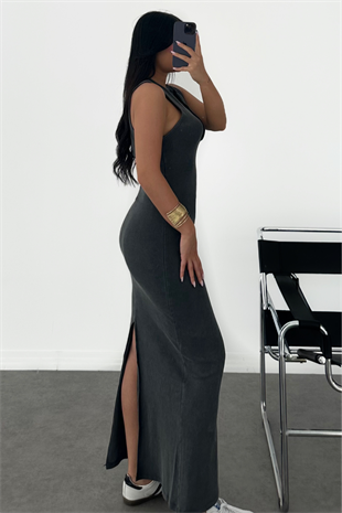 PREMİUM YIKAMALI ARKADAN YIRTMAÇLI UZUN ELBİSE