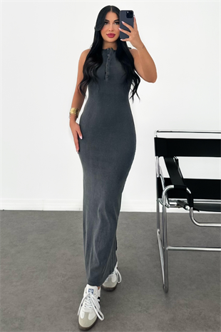 PREMİUM YIKAMALI ARKADAN YIRTMAÇLI UZUN ELBİSE