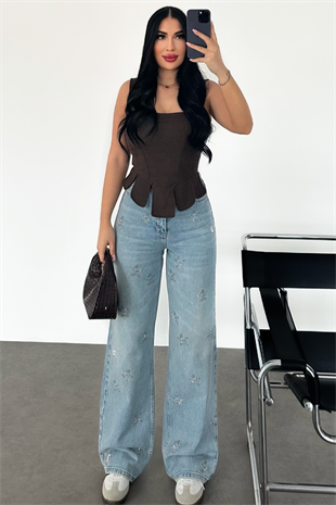 PREMİUM YILDIZLI TAŞLI WİDE LEG SENDY JEAN
