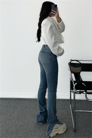 PREMİUM YIRTMAÇLI KEMERLİ MİD BLUE JEAN