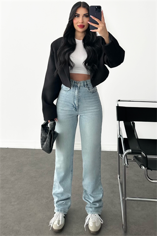 PREMİUM YÜKSEK BEL BUZ MAVİ RENK STRAİGHT JEAN 