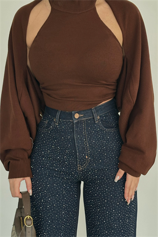 PREMİUM YÜKSEK BEL DARK BLUE TAŞLI WİDE LEG JEAN