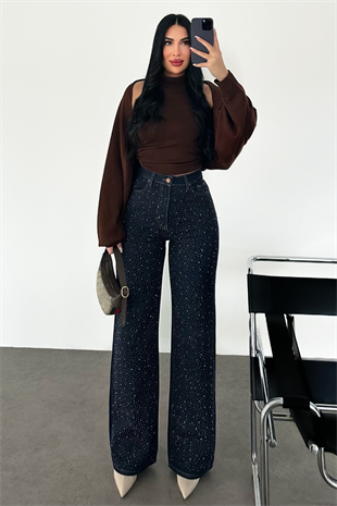 PREMİUM YÜKSEK BEL DARK BLUE TAŞLI WİDE LEG JEAN