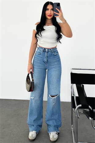 PREMİUM YÜKSEK BEL DİZİ YIRTIK JEAN