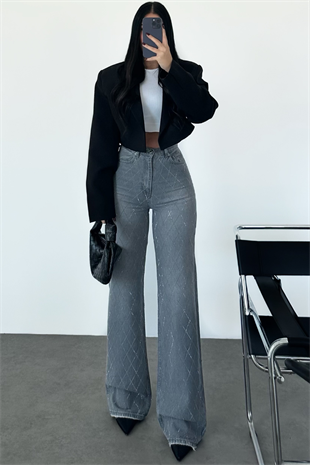 PREMİUM YÜKSEK BEL GRİ TAŞLI JEAN