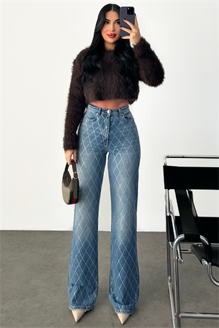 PREMİUM YÜKSEK BEL İCE BLUE TAŞLI WİDE LEG JEAN