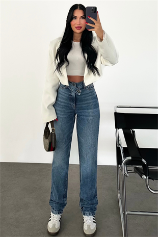 PREMİUM YÜKSEK BEL KEMER DETAYLI MİD BLUE MOM JEAN