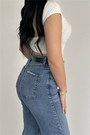 PREMİUM YÜKSEK BEL KEMERLİ İCE BLUE JEAN