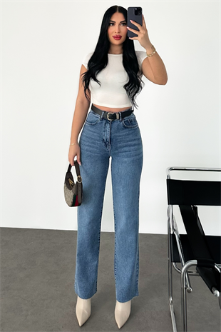 PREMİUM YÜKSEK BEL KEMERLİ İCE BLUE JEAN