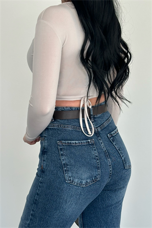 PREMİUM YÜKSEK BEL KEMERLİ MİD BLUE JEAN
