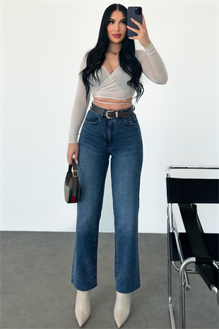 PREMİUM YÜKSEK BEL KEMERLİ MİD BLUE JEAN