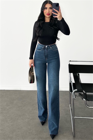 PREMİUM YÜKSEK BEL KOYU MİD BLUE WİDE LEG JEAN